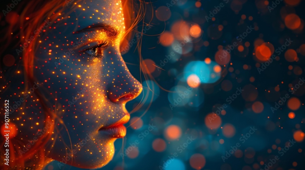 Face of a woman with sparkling lights - generative ai Face of a woman with sparkling lights - generative ai