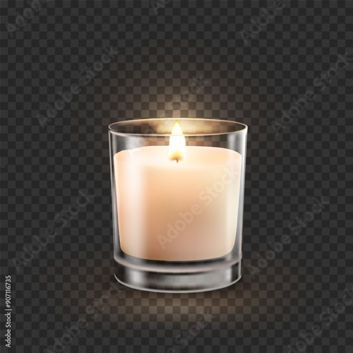 Candle in glass jar with burning flame light isolated on transparent background. Vector 3D realistic wax candlelight element design
