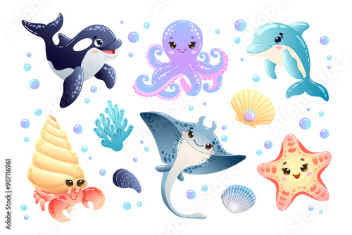 Adorable sea creatures set with cute whale, hermit crayfish, octopus, dolphin, stingray and starfish