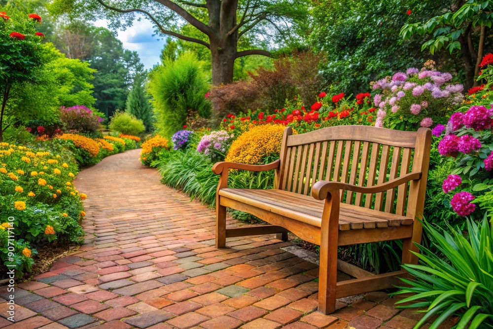 Obraz premium A serene wooden bench rests on a brick walkway, surrounded by lush greenery and vibrant flowers, evoking a sense of tranquility in a picturesque park setting.