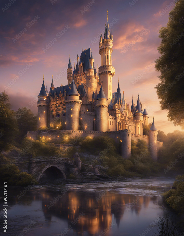 Obraz premium A grand and majestic castle set against the twilight sky, with towering spires and intricate archite