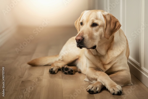 A dog laying on the floor in a room with wood floors, AI