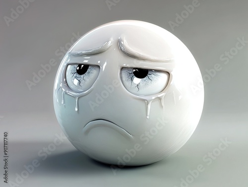 White spherical sculpture with a sad, tearful face