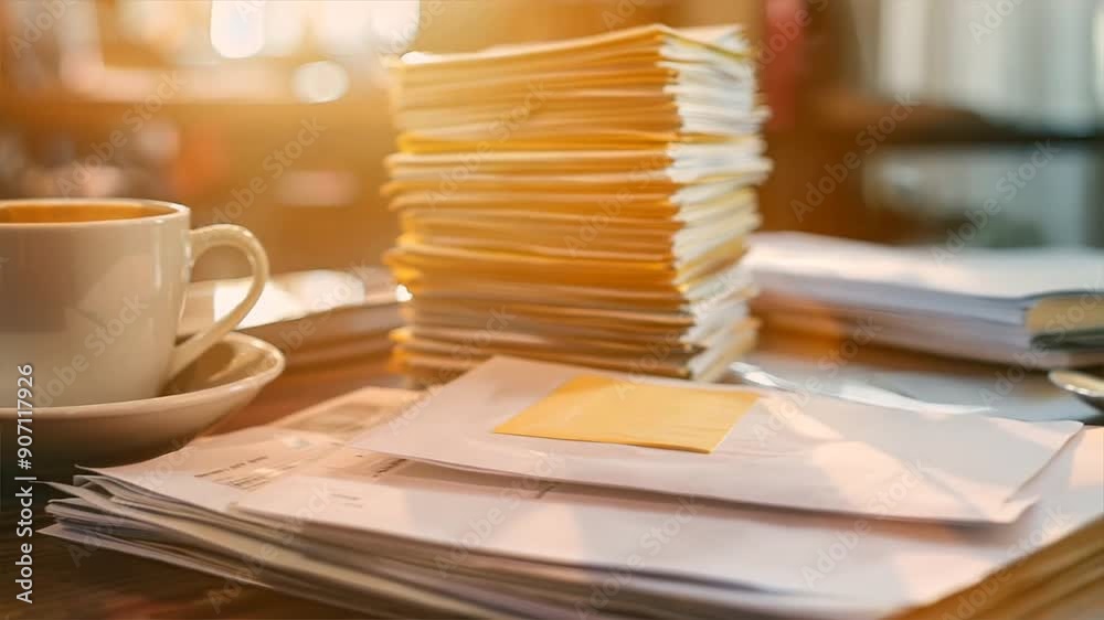 Stack of documents next to a cup of coffee in a busy office environment. Stack of documents next to a cup of coffee in a busy office environment.