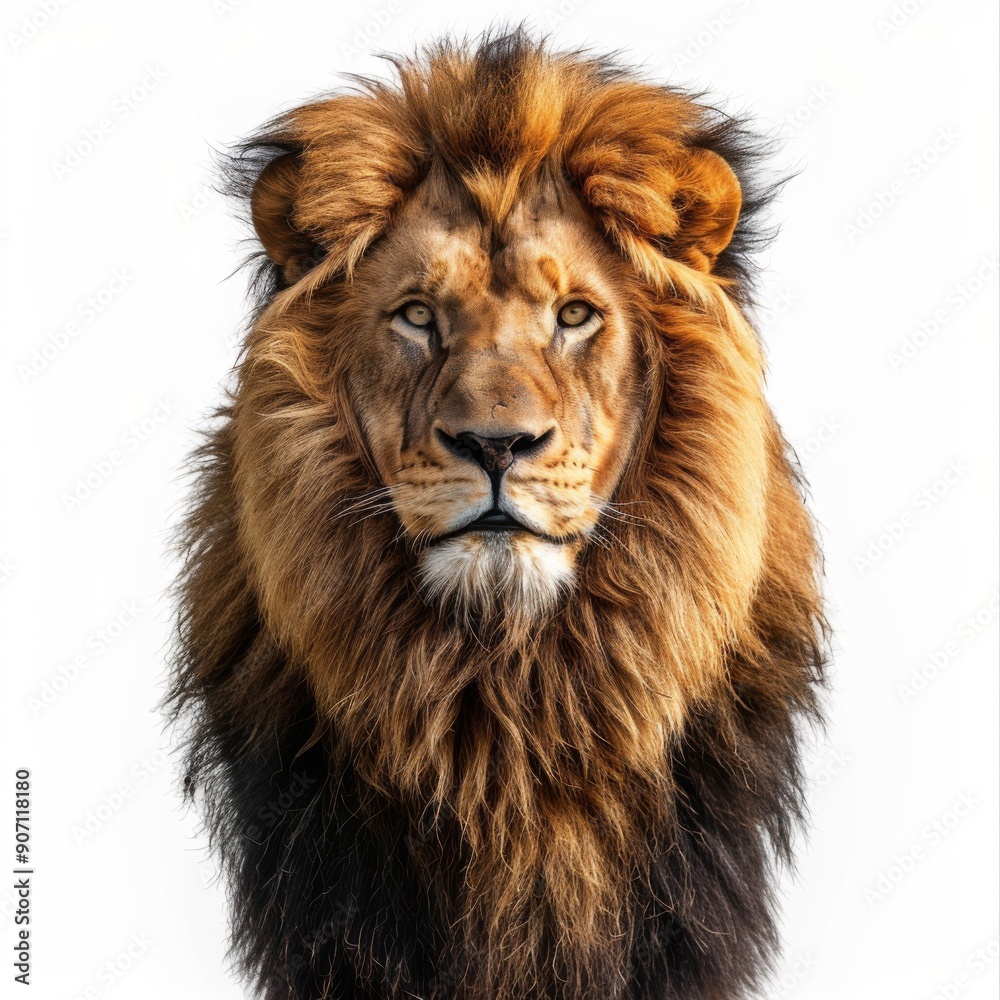 Majestic in Solitude: A Lone Lion Portrait on a Pristine White Background, Exuding the Dignity of an Aged Wild Beast Majestic in Solitude: A Lone Lion Portrait on a Pristine White Background, Exuding the Dignity of an Aged Wild Beast