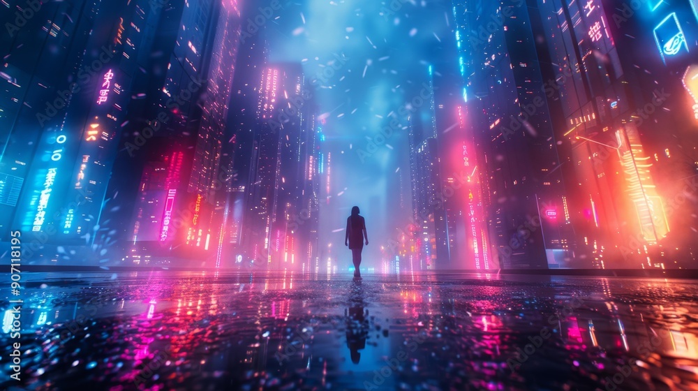 Person walking in a neon-lit futuristic cityscape - generative ai Person walking in a neon-lit futuristic cityscape - generative ai