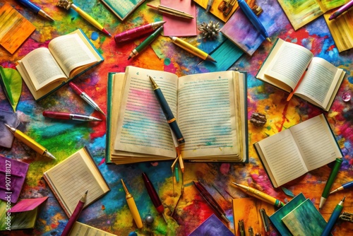 Vibrant colorful background with scattered sheets of handwritten poetry, scattered pens, and open books, evoking creative writing inspiration for World Poetry Day celebrations.