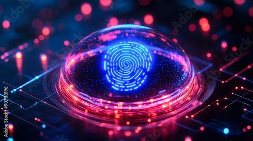 Holographic fingerprint scanner with neon lights in a digital environment