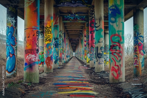 Under an abandoned pier in Philadelphia, Pennsylvania, graffiti can be seen.