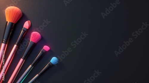 Neon Glow Makeup Tools on Clean Black Background - Vibrant Cosmetic Scene with Illuminated Beauty Accessories