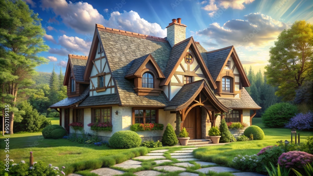 Fototapeta premium Architecture modern tudor style house with fairy roof in summer day, 3D building design illustration