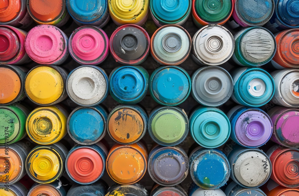 In the artist's graffiti workshop close up, a large number of used colorful aerosol spray cans lie on the treated wooden surface. They are dirty and stained. In the artist's graffiti workshop close up, a large number of used colorful aerosol spray cans lie on the treated wooden surface. They are dirty and stained.