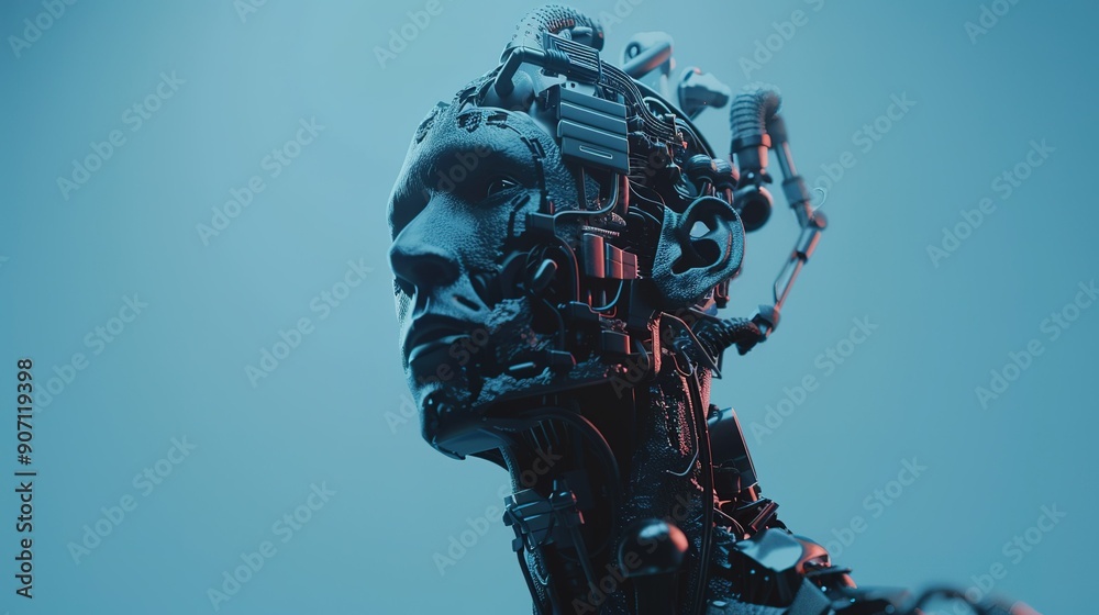 Futuristic Robot Head With Intricate Details Illuminated by Soft Blue and Red Lighting Futuristic Robot Head With Intricate Details Illuminated by Soft Blue and Red Lighting