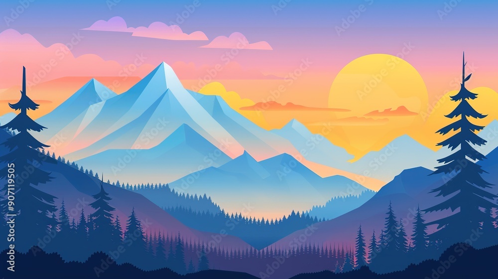 Breathtaking Sunrise Over Majestic Mountains and Forested Valleys in Tranquil Wilderness Setting Breathtaking Sunrise Over Majestic Mountains and Forested Valleys in Tranquil Wilderness Setting