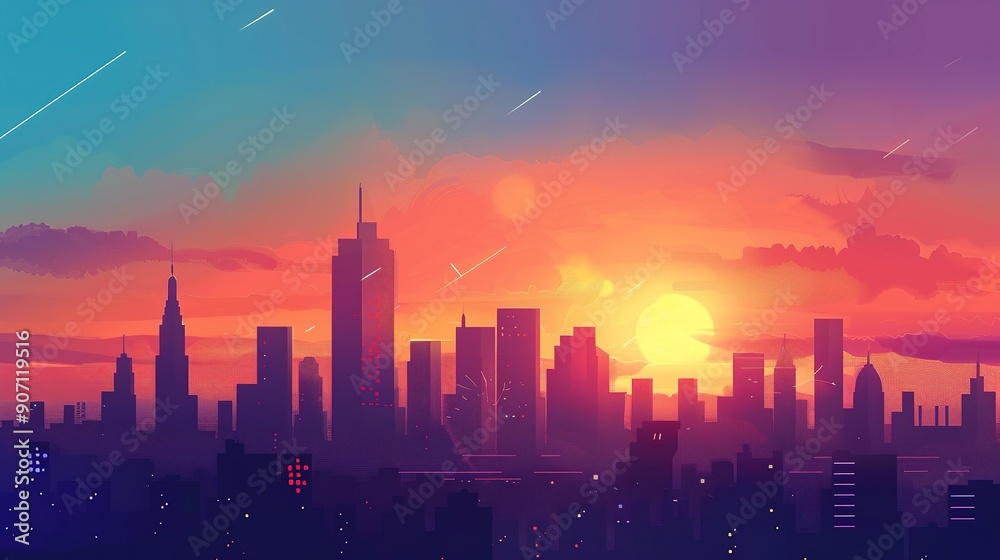 Fototapeta premium Colorful Sunset Over Silhouetted City Skyline With Buildings and Urban Landscape
