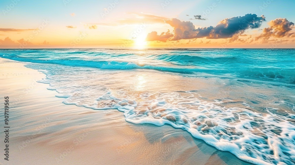 Beautiful Sunset Over Calm Ocean Waves at Tropical Beach in Warm Weather Beautiful Sunset Over Calm Ocean Waves at Tropical Beach in Warm Weather