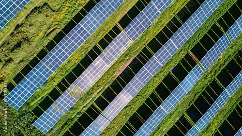 Utilizing Renewable Energy Through Ground-Mounted Solar Panels in Rural Landscape Under Clear Blue Sky photo