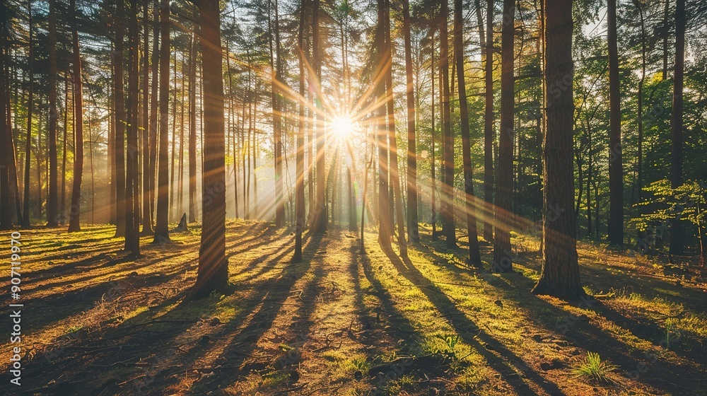 Obraz premium Sunlight Filtering Through Tall Trees in a Dense Forest During Early Morning
