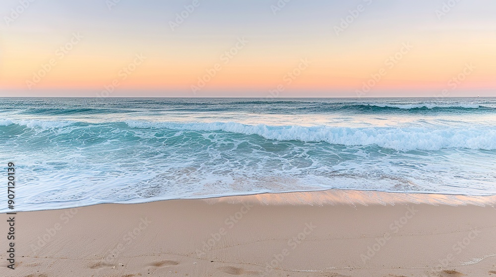 Peaceful Sunset Over Gentle Ocean Waves Lapping Against Soft Sandy Shoreline