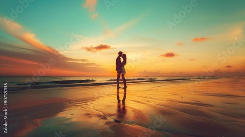 Couple Embraces at Sunset on the Beach With Vibrant Sky and Gentle Waves