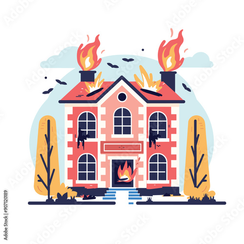 Illustration burning house flames coming out windows rooftop. Vibrant orange red fire, smoke, twostory residential building crisis. Emergency situation, fire disaster, home engulfed fire, no people