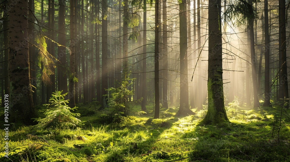 Obraz premium Sunlight Filtering Through Dense Trees in a Serene Forest Clearing During Early Morning