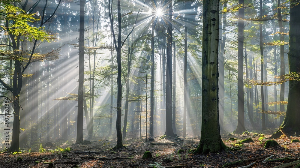 Fototapeta premium Beautiful Sunlight Filtering Through Trees In A Serene Forest During Early Morning