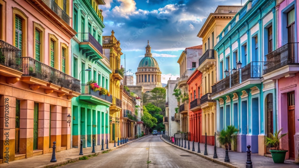 Obraz premium Colorful street in Old Havana with the Presidential Palace in the background, Havana, Cuba, old, historic, colonial