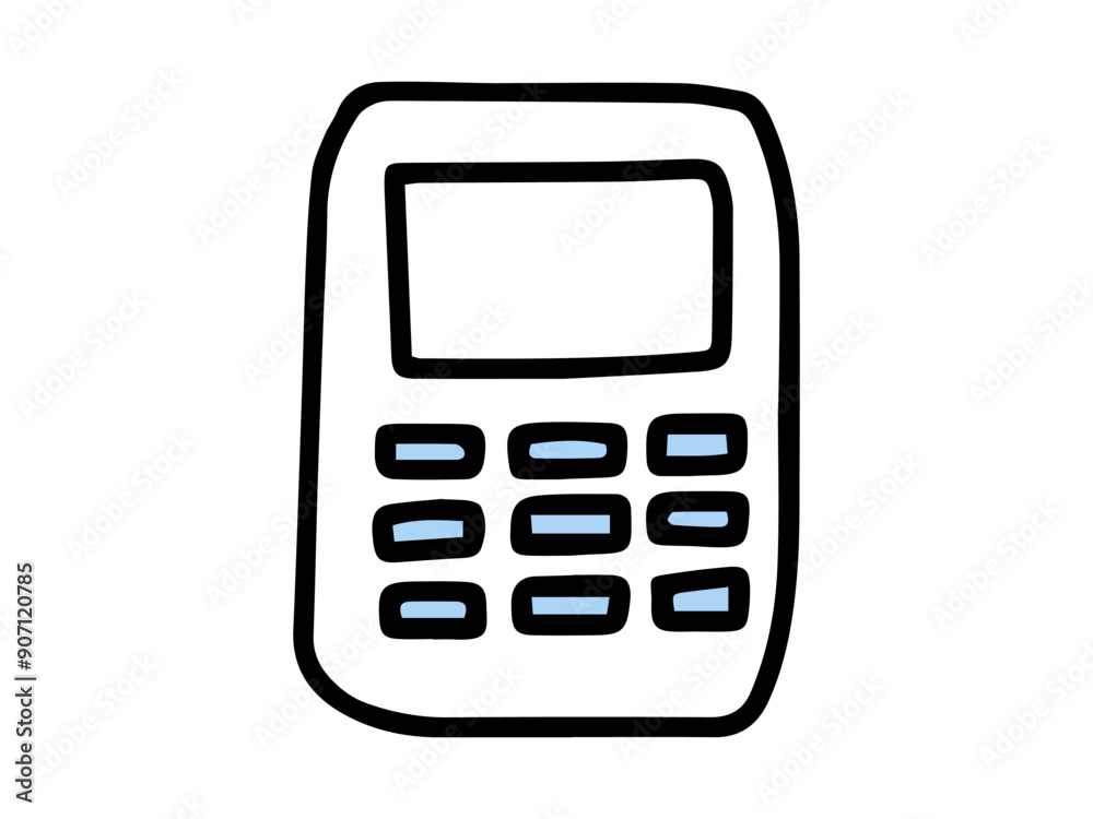 Black outline of a calculator with blue buttons isolated on a white background. Concept of school supplies, mathematics, minimalist style, and education tools. Design element. Back to School. Black outline of a calculator with blue buttons isolated on a white background. Concept of school supplies, mathematics, minimalist style, and education tools. Design element. Back to School.