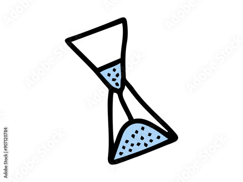 Hand-drawn hourglass icon with blue sand isolated on a white background. Concept of time management, deadlines, minimalistic style, and scheduling. Decorative element for design.