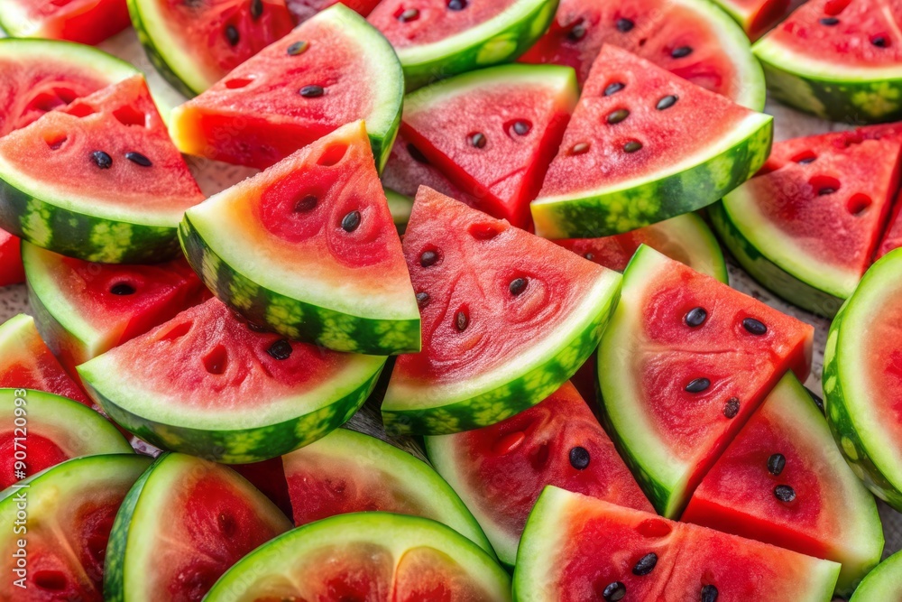 Freshly cut vibrant red and green watermelon slices are artfully arranged on a transparent background, showcasing their juicy texture and inviting freshness. Freshly cut vibrant red and green watermelon slices are artfully arranged on a transparent background, showcasing their juicy texture and inviting freshness.