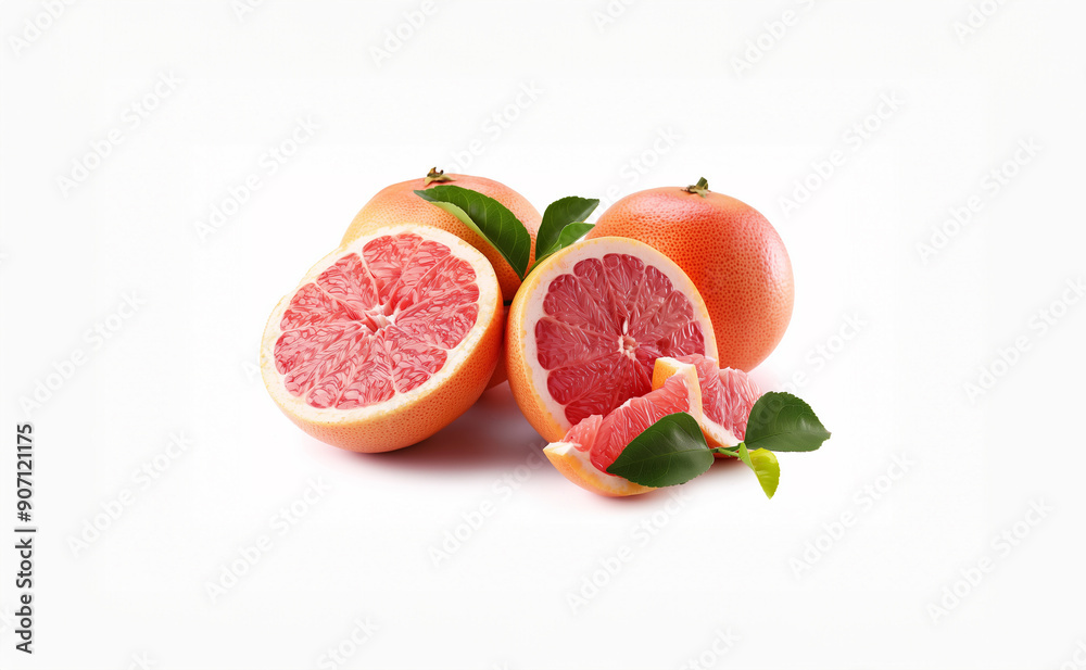 Halved and Whole Grapefruit with Leaves Halved and Whole Grapefruit with Leaves