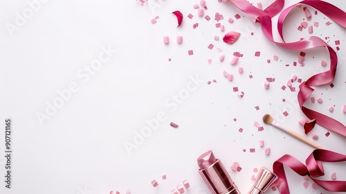 Glamorous Makeup Essentials Wrapped in Ribbons on White Background, Festive Beauty Accessories for Celebrations