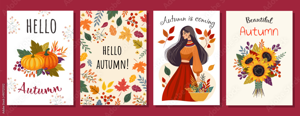 Fototapeta premium Hello Autumn. Love autumn. Universal Autumn cards. Leaves bouquet flowers twigs. For flyer, poster, banner, brochure, email header. isolated on white background