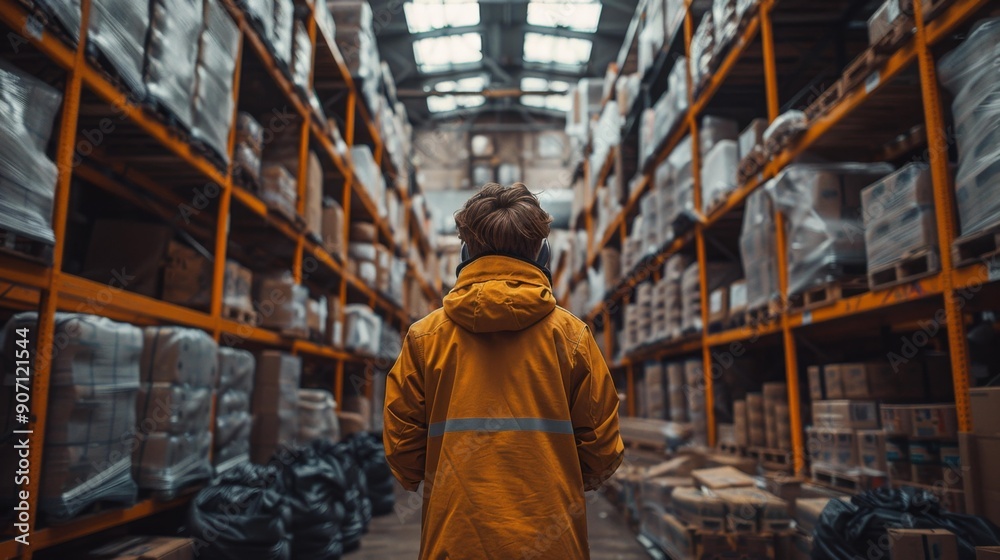 Fototapeta premium Warehouse worker in yellow jacket - generative ai