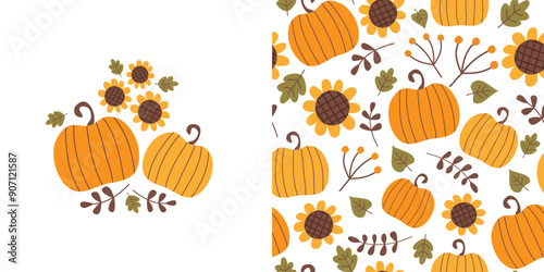 Autumn card and seamless pattern. Background with pumpkins, sunflowers and fall leaves.Thanksgiving day vector illustration. It can be used for wallpapers, wrapping, cards and patterns.