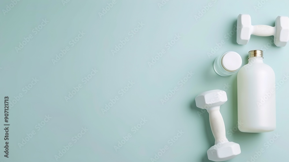 Top View of Workout Gear with Dumbbells and Water Bottle, Copy Space for Text, Fitness Equipment Concept Top View of Workout Gear with Dumbbells and Water Bottle, Copy Space for Text, Fitness Equipment Concept