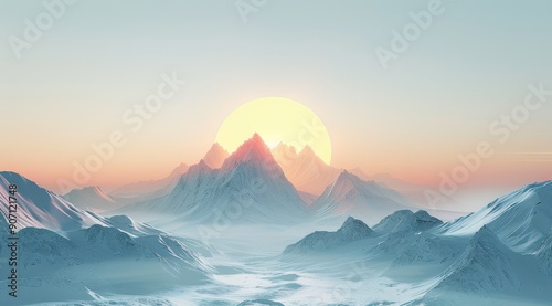 Majestic Sunrise Over Snow-Capped Mountains in a Serene Winter Landscape