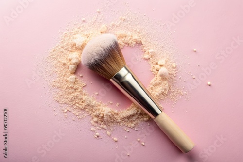 Makeup brush with rice loose face powder on light pink background, top view. photo