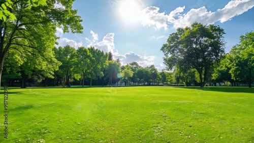 Wide open grassy area in a public park, perfect for recreational activities.