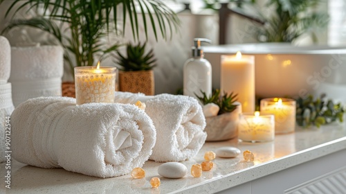 A sophisticated spa background showcasing a white bathroom with towels, massage candles, and relaxing accessories. The design includes elements like bath salts, essential oils, and zen decorations photo