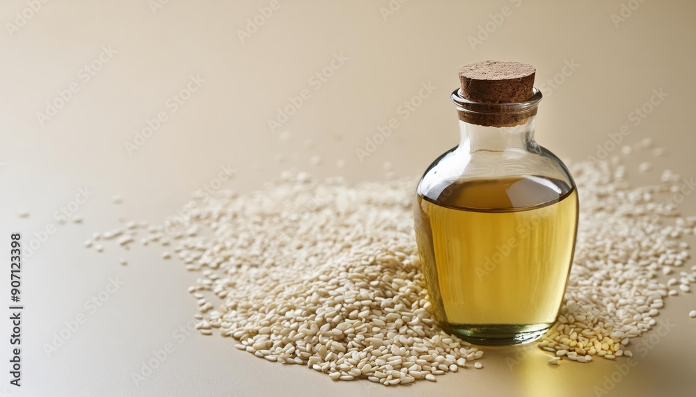 Rice bran oil in a glass jar with rice grains beside it, isolated on white background. Showcasing the natural beauty and health benefits of this versatile ingredient Rice bran oil in a glass jar with rice grains beside it, isolated on white background. Showcasing the natural beauty and health benefits of this versatile ingredient