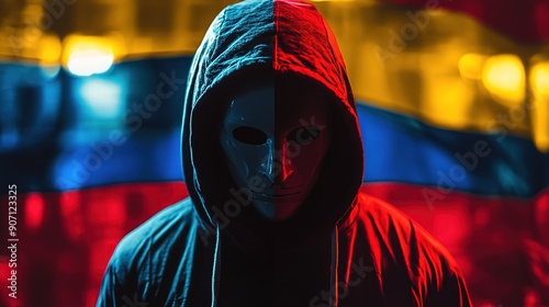 Anonymous hooded hacker in double exposure with the flag of Venezuela, cyber attack concept photo