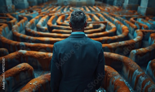 A businessman faces a business challenge by navigating through a maze.
