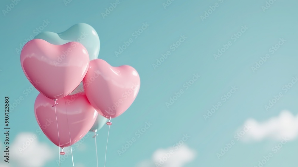 Heart-shaped balloons floating in a dreamy sky, Valentine's Day, romantic background Heart-shaped balloons floating in a dreamy sky, Valentine's Day, romantic background
