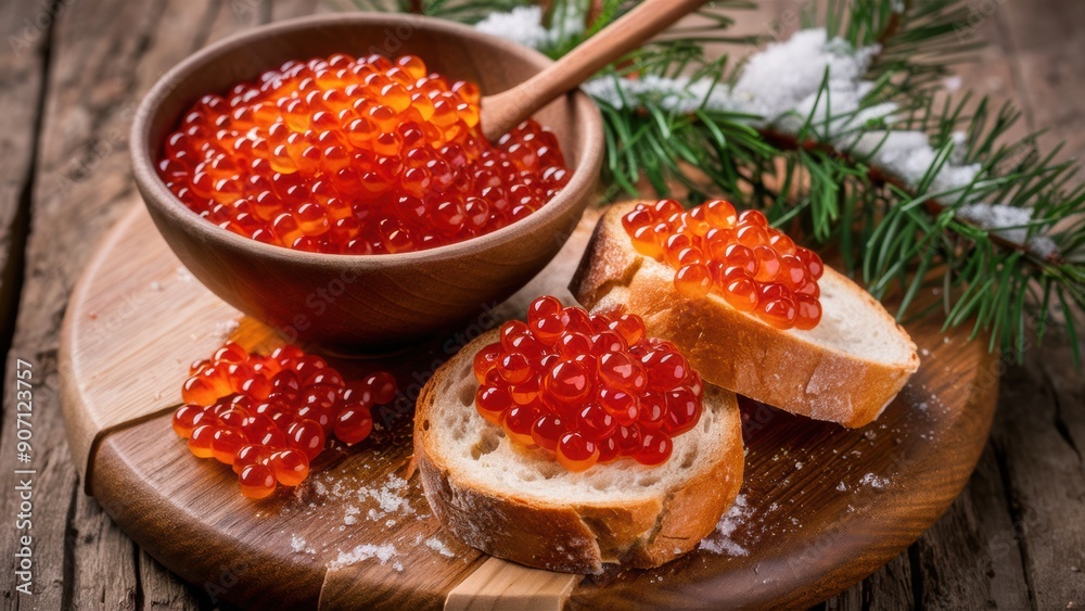 A bowl of red caviar on bread with a spoon, AI
