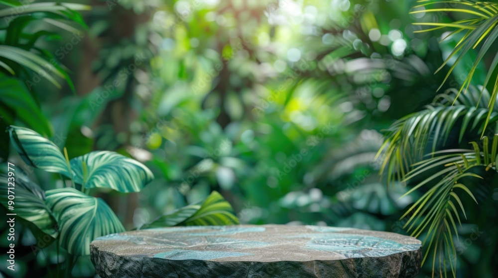 Round stone podium in outdoor tropical forest with blurred natural background. Natural product presentation stand.