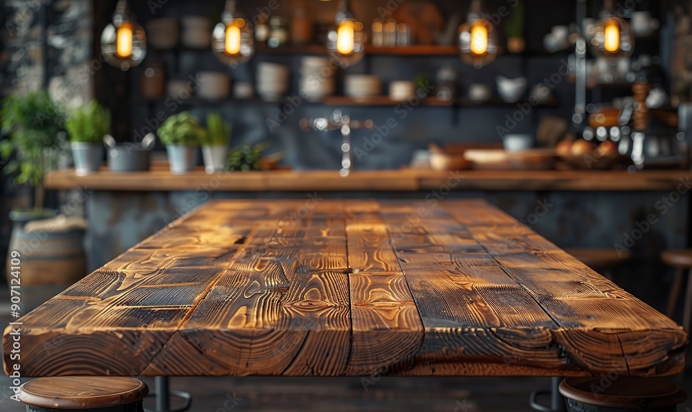 An empty wooden table in a professional restaurant kitchen is available for product placement advertisement. An empty wooden table in a professional restaurant kitchen is available for product placement advertisement.