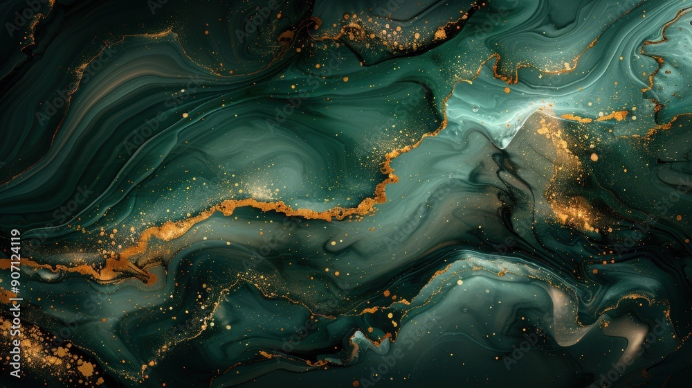 An abstract green and gold marble background featuring liquid ink and paint textures. The image includes dark, luxurious stone patterns with golden accents, creating a modern and sophisticated design An abstract green and gold marble background featuring liquid ink and paint textures. The image includes dark, luxurious stone patterns with golden accents, creating a modern and sophisticated design