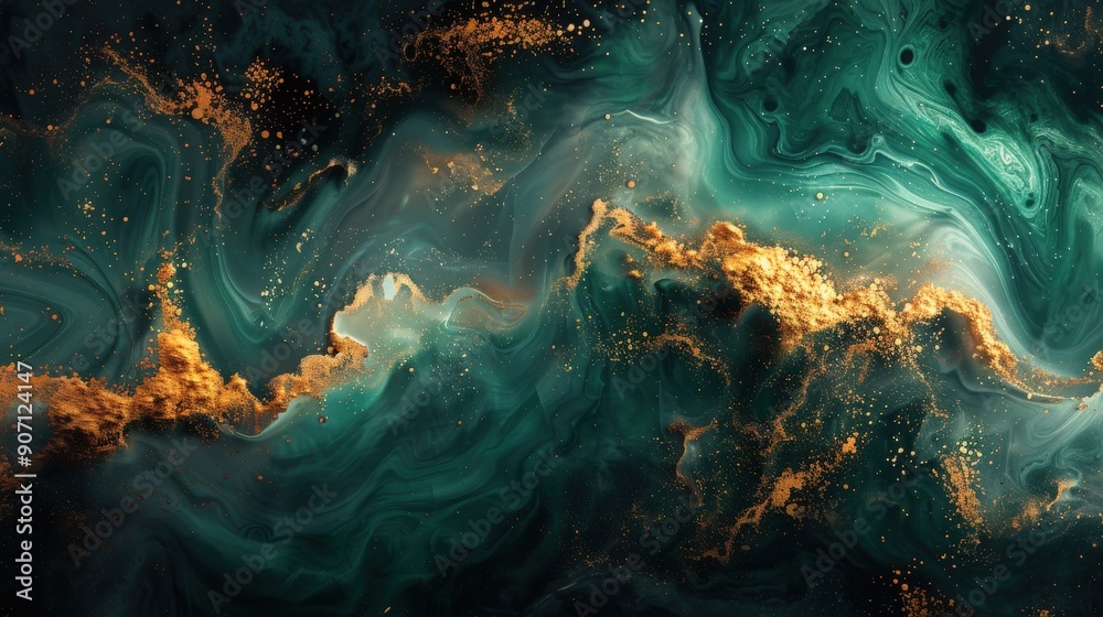 A sophisticated green and gold background with marble and fluid ink textures. The design includes dark emerald hues and golden highlights, perfect for a luxurious and modern look A sophisticated green and gold background with marble and fluid ink textures. The design includes dark emerald hues and golden highlights, perfect for a luxurious and modern look